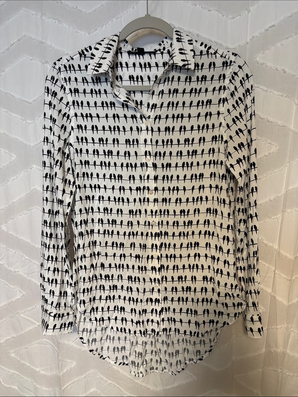 Womens Black and White Bird-Print Button-Up Shirt